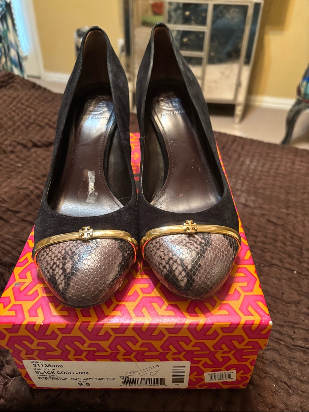Tory Burch Black Suede Pump with Snake-Print Cap Toe and Gold Accent
